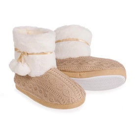 Pantufa Feminina Tipo Botinha Charlotte Bege 38-39 Antiderrapante com Pompom e Pelinhos