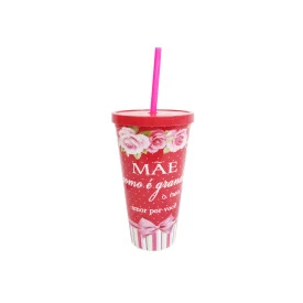 Copo Plástico com Canudo Minha Mãe Meu Grande Amor 600ML Rosa
