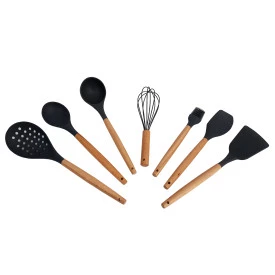 Kit utensilios de silicone cabo de madeira 7 peças cinza